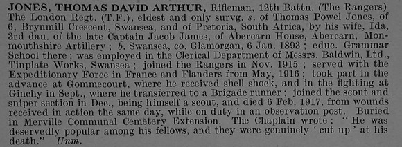 Jones T D A Rfn 471586 12th London Regiment (The Rangers) Obit De Ruvignys Roll Of Honour Vol 4