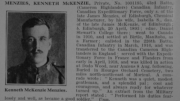 Menzies K M Pte 1001195 43rd Canadian Infantry Obit De Ruvignys Roll Of Honour Vol 5
