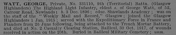 Watt G Pte 331110 9th Highland Light Infantry Obit De Ruvignys Roll Of Honour Vol 4