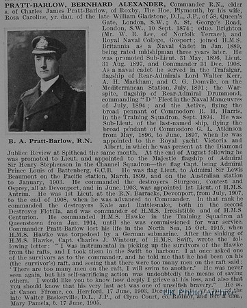 Pratt-Barlow B A Comm Obit HMS Hawke Royal Navy