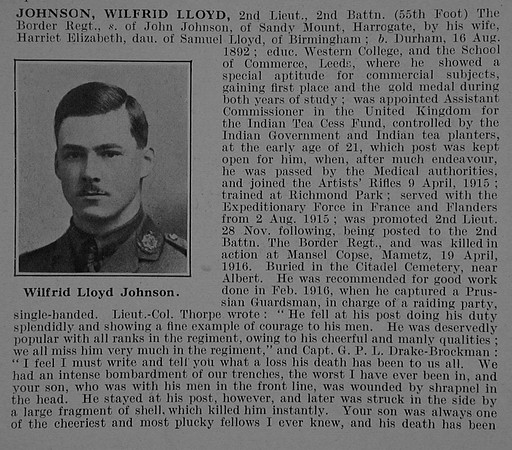 Johnson W L 2nd Lt 2nd Border Regiment Obit Part 1 De Ruvignys Roll Of Honour Vol 5