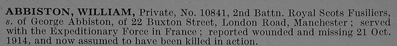 Abbitson W Pte 10841 2nd Royal Scots Fusiliers Short Obit De Ruvignys Roll Of Honour Vol 2