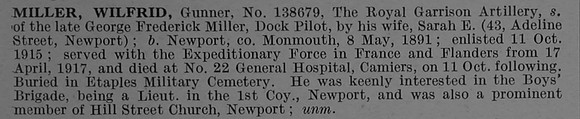 Miller W Gnr 138679 Royal Garrison Artillery Obit De Ruvignys Roll Of Honour Vol 4