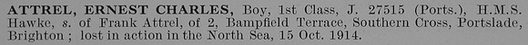 Attrell E C Boy 1st Class J 27515 HMS Hawke Royal Navy Obit