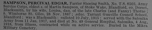 Sampson P E Farrier 8503 Army Service Corps Obit De Ruvignys Roll Of Honour Vol 4