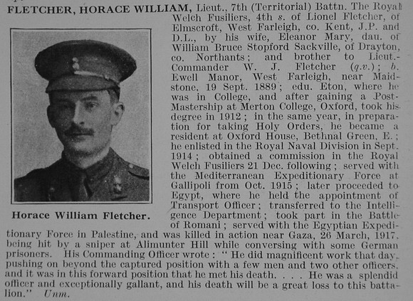 Fletcher H W Lt 7th Royal Welsh Fusiliers Obit De Ruvignys Roll Of Honour Vol 3