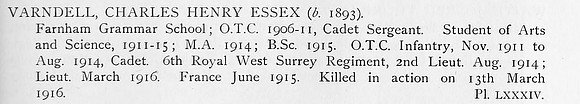 Varndell C H E Lt 6th Royal West Surrey Regiment Obit