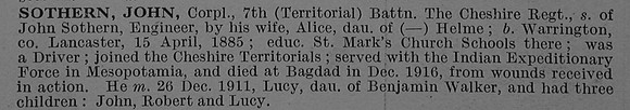 Sothern J Cpl 27542 7th Attd 8th Cheshire Regiment Short Obit De Ruvignys Roll Of Honour Vol 4