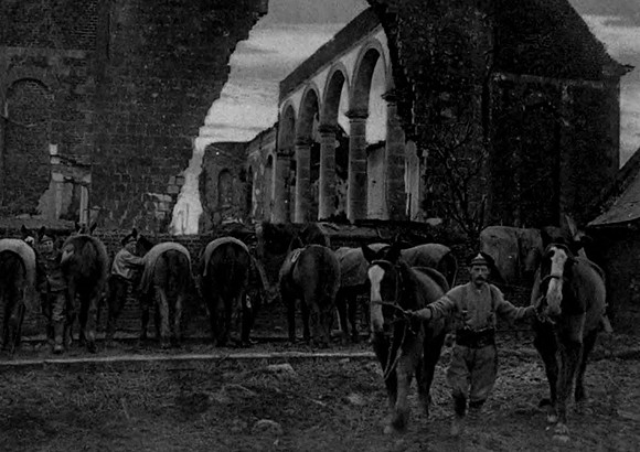 Royal Field Artillery Horses Standing In The Ruins Of A Church On The Western Front