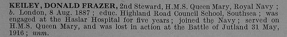 Keiley D F 2nd Steward HMS Queen Mary Royal Navy Short Obit De Ruvignys Roll Of Honour Vol 4