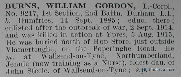 Burns W G L/Cpl 9217 2nd Durham Light Infantry Obituary De Ruvignys Roll Of Honour Vol 1