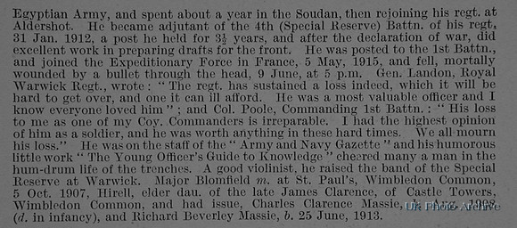 Blomfield C G M Major 1st Royal Warwickshire Regiment Obituary Part 2 De Ruvignys Roll Of Honour Vol 1