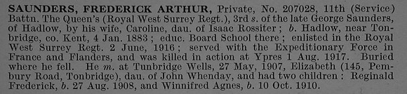 Saunders F A Pte 207028 11th Queen's Royal West Surrey Regiment Obit De Ruvignys Roll Of Honour Vol 4