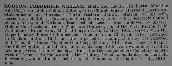 Robson F W 2nd Lt MM Machine Gun Corps Obit De Ruvignys Roll Of Honour Vol 4