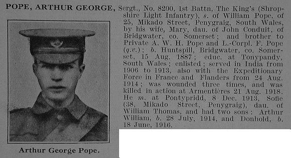 Pope A G Sergt 1st Kings Shropshire Light Infantry Obit De Ruvignys Roll Of Honour Vol 3