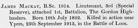 MacKay J Lt 1st Gordon Highlanders Obit St Andrews University Roll Of Honour