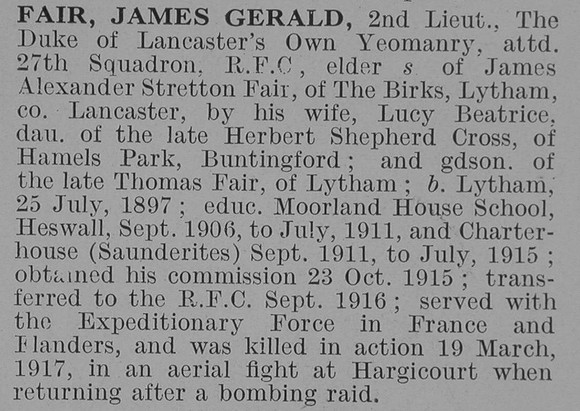 Fair J G 2nd Lt Royal Flying Corps Obit De Ruvignys Roll Of Honour Vol 3