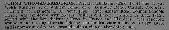 Johns T F Pte 56659 1st Royal Welsh Fusiliers Obit De Ruvignys Roll Of Honour Vol 4