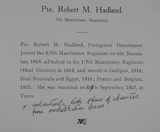 Hadland R M Pte 7th Manchester Regiment Record William Graham Co Roll Of Honour