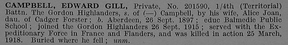 Campbell E G Pte 201590 4th Gordon Highlanders Obit De Ruvignys Roll Of Honour Vol 4
