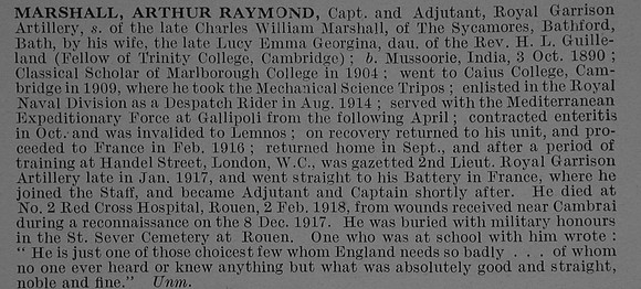 Marshall A R Captain Royal Garrison Artillery Obit De Ruvignys Roll Of Honour Vol 4