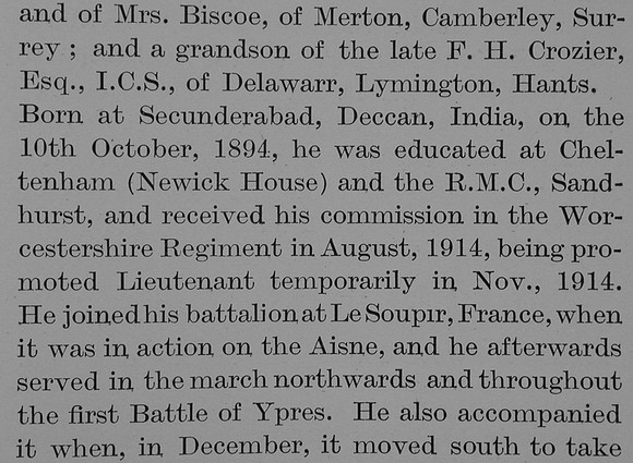 Biscoe F C F Lt 2nd Worcestershire Regiment Obit Part 2 The Bond Of Sacrifice Vol 2