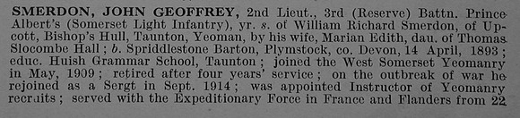 Smerdon J G 2nd Lt 3rd Somerset Light Infantry Attd 5th Lancashire Fusiliers Obit Part 1 De Ruvignys Roll Of Honour Vol 4