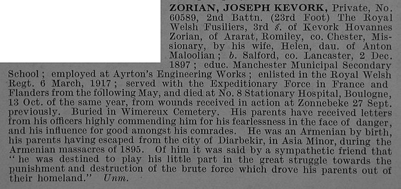 Zorian J K Pte 60589 2nd Royal Welsh Fusiliers Obit De Ruvignys Roll Of Honour Vol 4