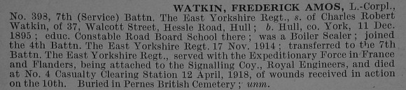 Watkin F A L/Cpl 398 7th East Yorkshire Regiment Obit De Ruvignys Roll Of Honour Vol 4
