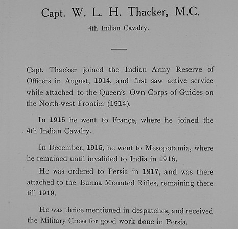 Thacker W L H Captain MC Indian Army Record William Graham Company