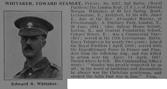 Whitaker E S Pte 6357 2nd London Regiment (Royal Fusiliers) Obit De Ruvignys Roll Of Honour Vol 3