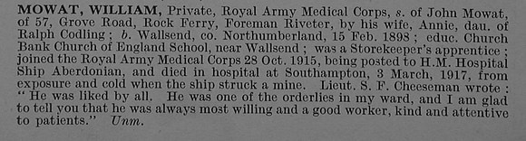 Mowat W Pte 73244 Royal Army Medical Corps Obit De Ruvignys Roll Of Honour Vol 4