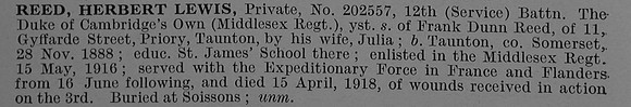 Reed H L Pte 202557 12th Middlesex Regiment Short Obit De Ruvignys Roll Of Honour Vol 4