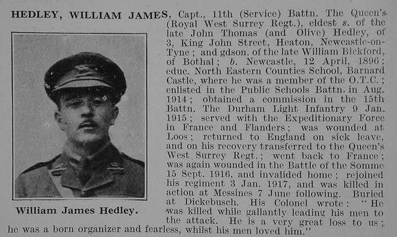 Hedley W J Captain 11th Queens Royal West Surrey Regiment Obit De Ruvignys Roll Of Honour Vol 3