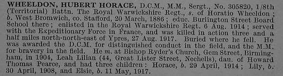 Wheeldon H H Sergt DCM MM 305820 8th Royal Warwickshire Regiment Obit De Ruvignys Roll Of Honour Vol 4