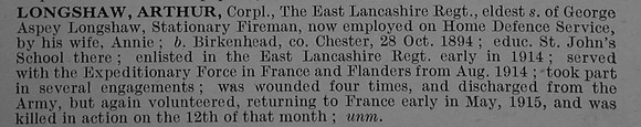 Longshaw A Cpl East Lancashire Regiment Obit De Ruvignys Roll Of Honour Vol 4