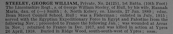 Steeley G W Pte 241251 1st Lincolnshire Regiment Obit De Ruvignys Roll Of Honour Vol 4