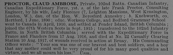 Proctor C A Pte 103163 102nd Canadian Infantry (Central Ontario Regiment) Obit De Ruvignys Roll Of Honour Vol 4