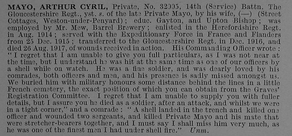Mayo A C Pte 32995 14th Gloucestershire Regiment Obit De Ruvignys Roll Of Honour Vol 4