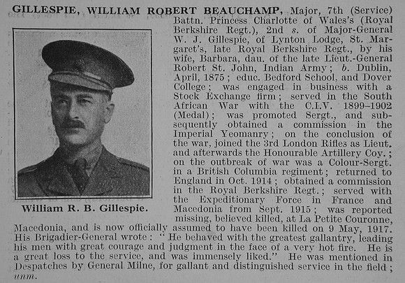 Gillespie W R B Major 7th Royal Berkshire Regiment Obit De Ruvignys Roll Of Honour Vol 3