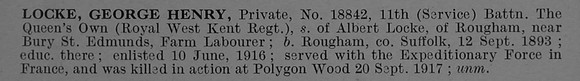 Locke G H Pte 18842 11th Queens Own Royal West Kent Regiment Short Obit De Ruvignys Roll Of Honour Vol 4