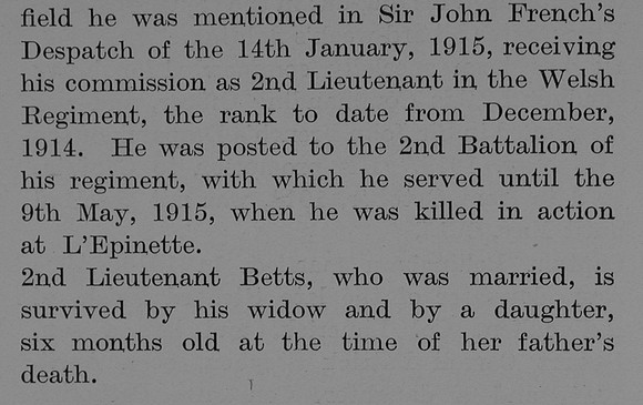Betts J W 2nd Lt 2nd Welsh Regiment Obit Part 2 The Bond Of Sacrifice Vol 2
