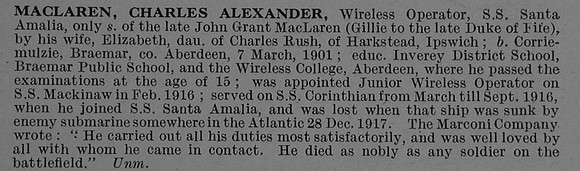 MacLaren C A Wireless Operator SS Santa Amalia Mercantile Marine Obit De Ruvignys Roll Of Honour Vol 4