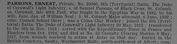 Parsons E Pte 29060 6th Duke Of Cornwalls Light Infantry Obit De Ruvignys Roll Of Honour Vol 4
