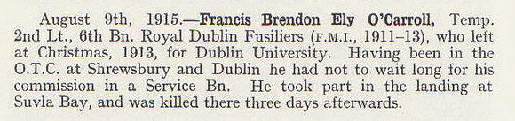 OCarroll F B E 2nd Lt 6th Royal Dublin Fusiliers Obituary Shrewsbury School Roll Of Service 1914-1918 1921