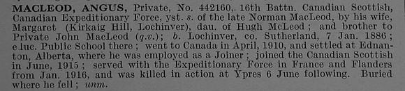 MacLeod A Pte 442160 16th Canadian Infantry Attd 28th Canadian Infantry (Saskatchewan Regiment) Obit De Ruvignys Roll Of Honour Vol 4