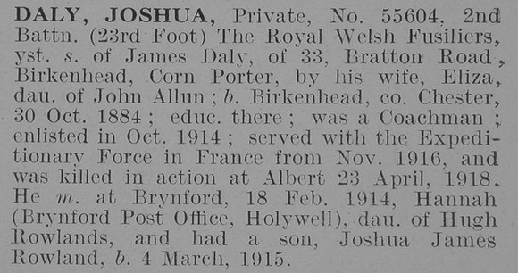 Daly J Pte 2nd Royal Welsh Fusiliers Obit De Ruvignys Roll Of Honour Vol 3
