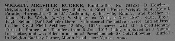 Wright M E Bmdr 781251 Royal Field Artillery Obit De Ruvignys Roll Of Honour Vol 4