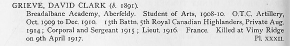 Grieve D C Lt 13th Bn. Canadian Infantry Obit