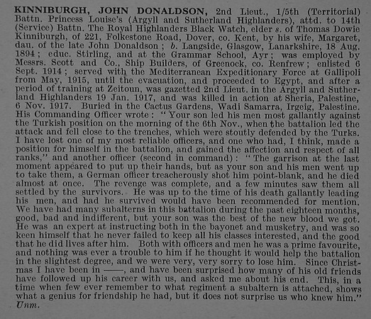 Kinniburgh J D 2nd Lt 5th Argyll & Sutherland Highlanders Obit De Ruvignys Roll Of Honour Vol 4